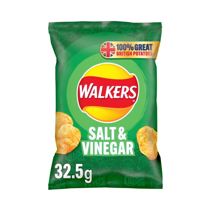 Unleash the bold tanginess and satisfying crunch with Walkers Salt & Vinegar Crisps, this iconic combination of salt and vinegar is ready to tantalize your taste buds with every bite.