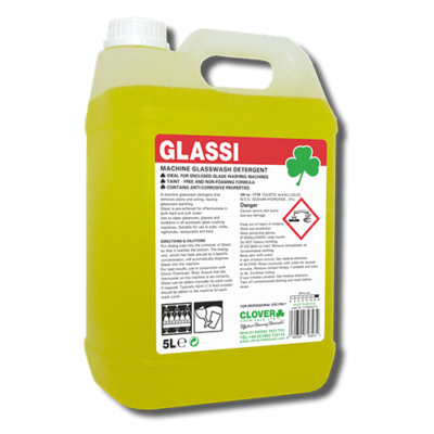 Their Glassi Machine Cleaning detergent attacks the toughest glass stains.